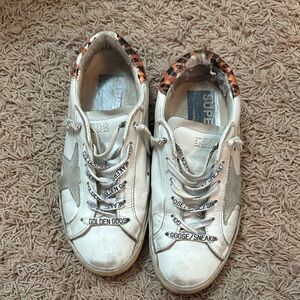 Golden Goose White and Leopard Print Sneakers